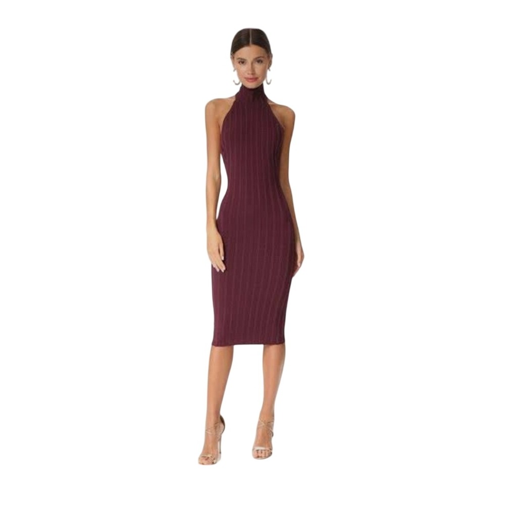 Cushnie Et Ochs Midi Dress Womens Small Burgundy Ribbed Knit Halter Turtleneck
